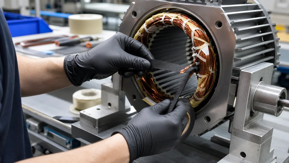 Technician wrapping black acetate cloth tape around copper motor stator end windings before varnish impregnation